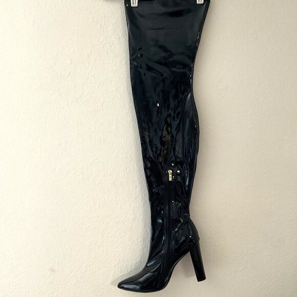 NEW WSKEISP HEELED OVER THE KNEE BOOTS PATENT LEATHER PU CHUNKY BLOCK HEEL (Flaw - Picture 14 of 16